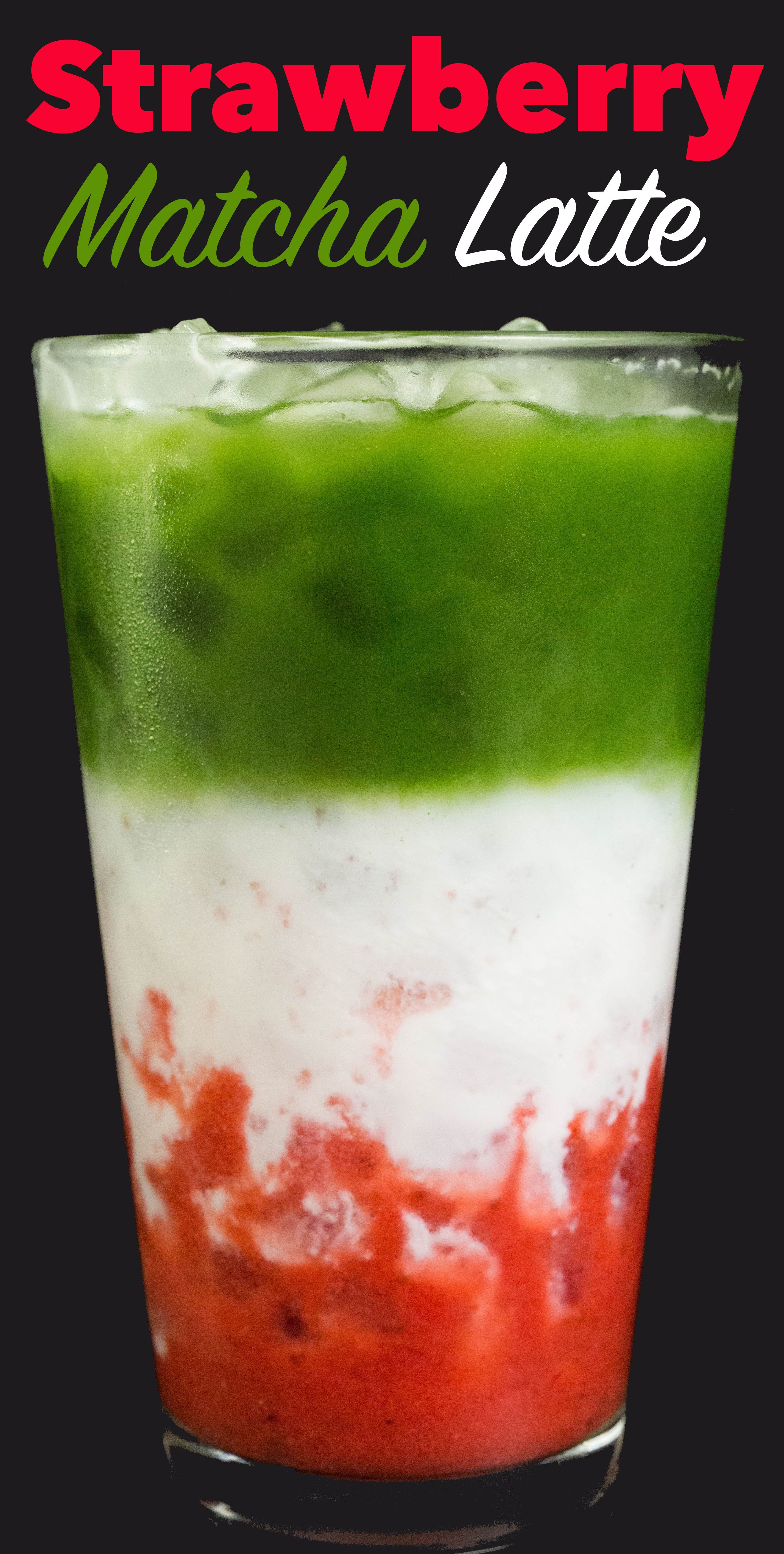 An Iced Strawberry Matcha Latte with text at the top that reads "Strawberry matcha latte".