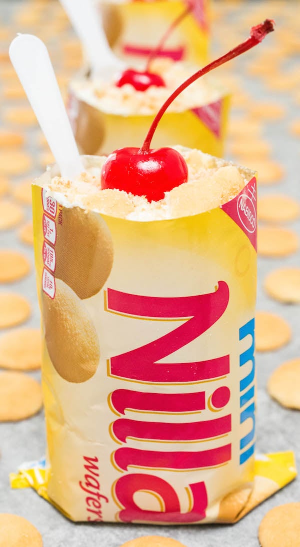 Banana Pudding in Mini Nilla Wafer Bags with a maraschino cherry on top.