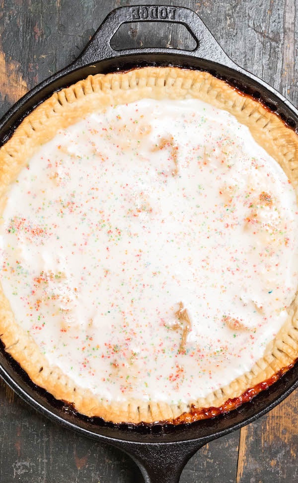 Overhead view of a Strawberry Pop Tart Pie in Cast Iron Skillet.