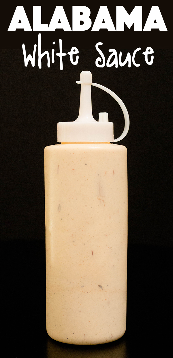 A bottle of creamy white sauce with text above that reads "Alabama white sauce".
