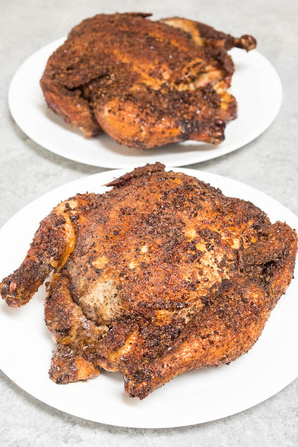 Two Coffee Rubbed Whole Smoked Chickens.