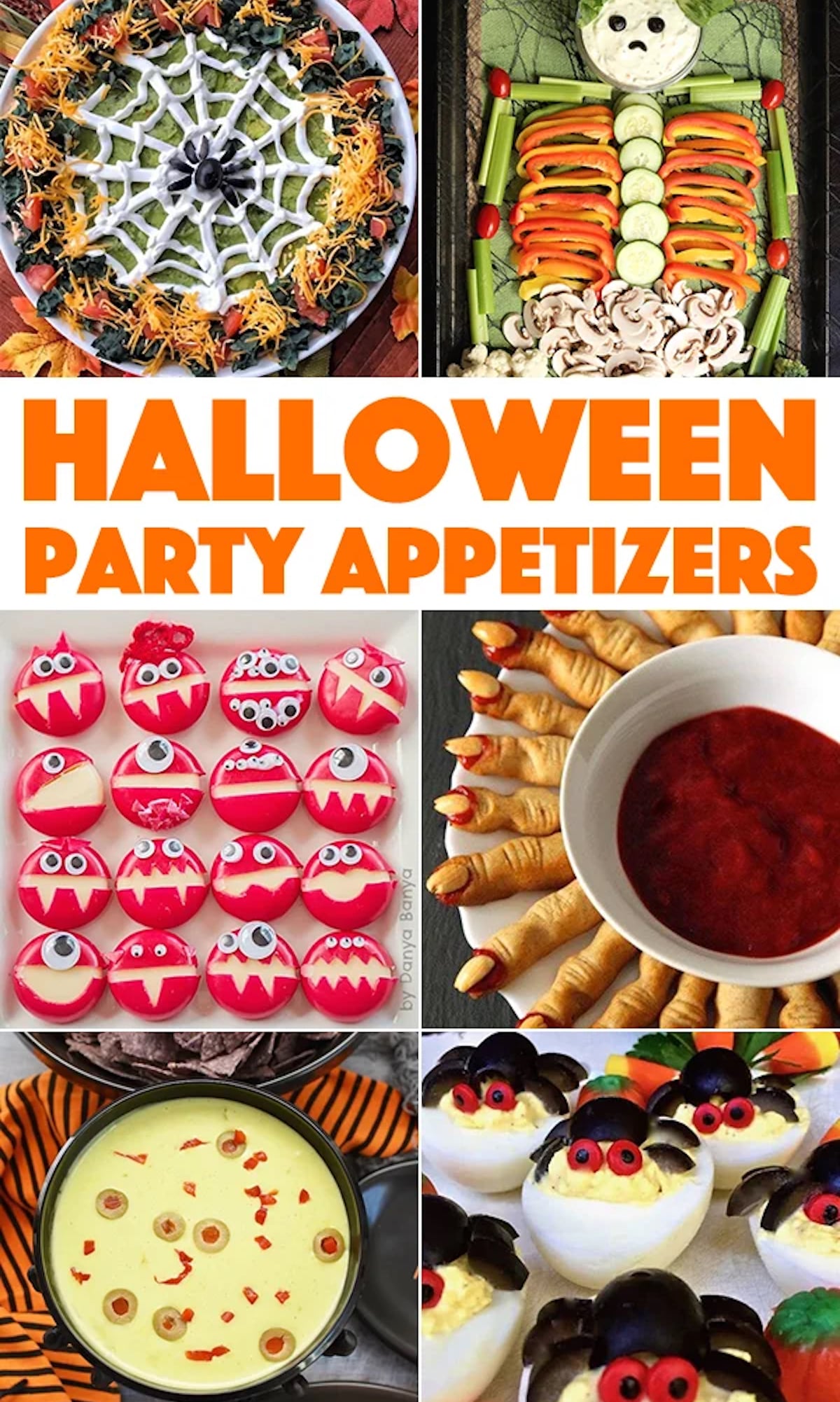 A six photo collage of Halloween recipes like a spiderweb taco dip, a skeleton veggie tray, Babybel monster cheese, witch fingers, olive dip, and spider deviled eggs. Text in the middle reads "halloween appetizers".