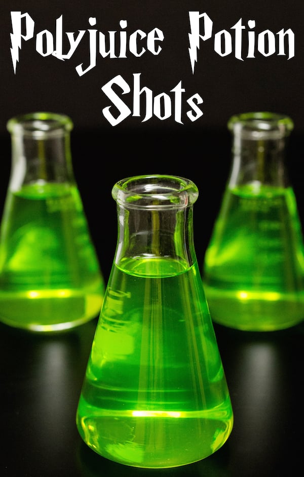 Three beaker shot glasses filled with green Polyjuice Potion Shots.