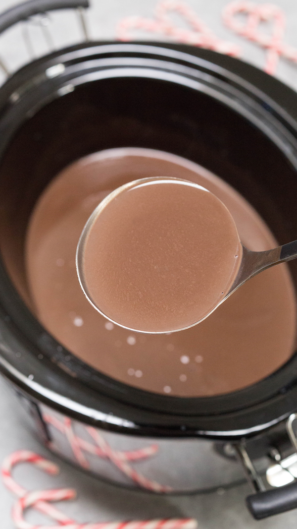 A ladle scooping up peppermint hot chocolate in a crock pot.