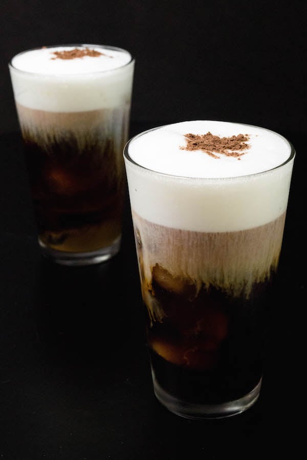 Two pint glasses filled with copycat Irish Cream Cold Brew.