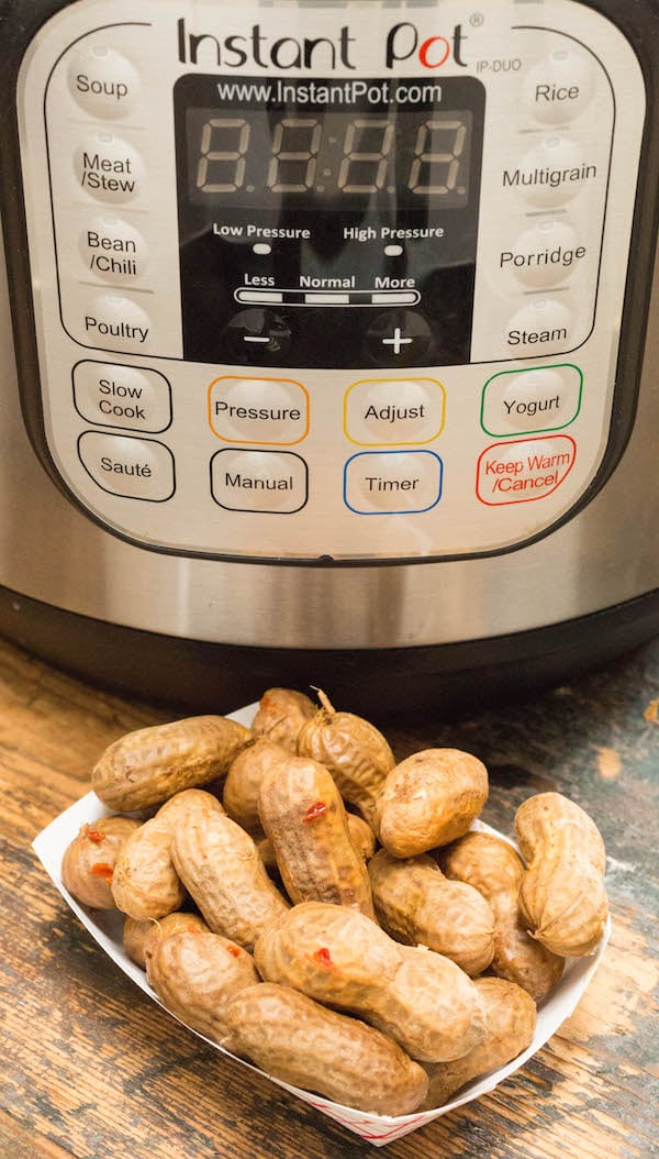 Instant Pot Cajun Boiled Peanuts in front of the Instant Pot.