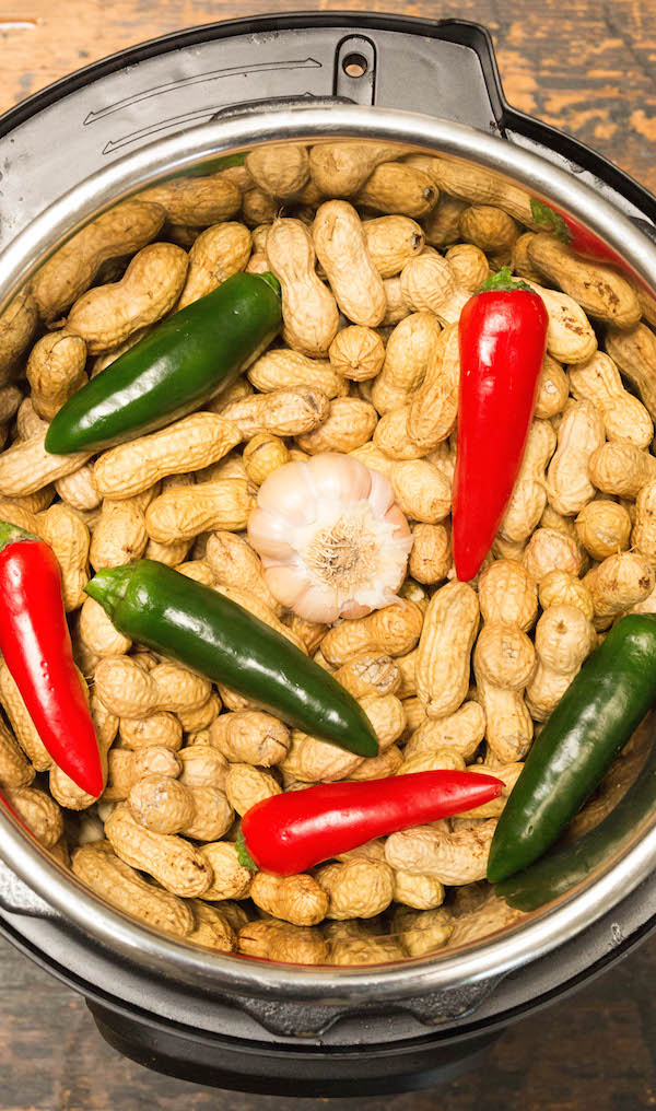Instant Pot filled with Boiled Peanuts Ingredients - peanuts, hot peppers, garlic head.