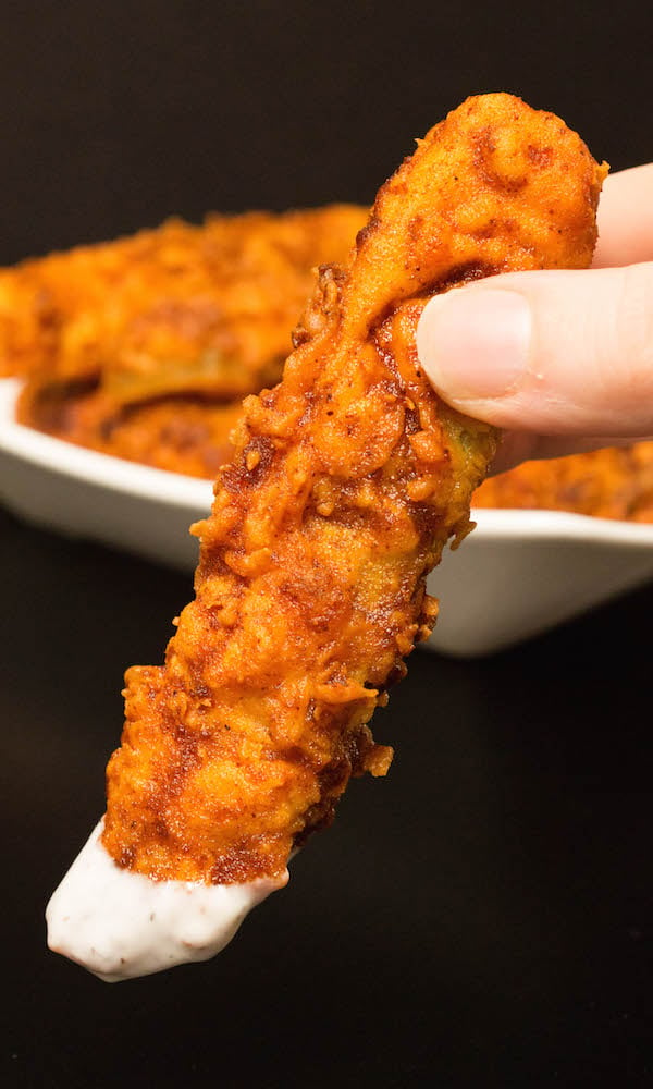 Nashville Hot Fried Pickle that's been dipped in ranch.