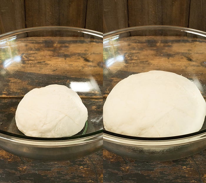Side by side shot showing pizza dough before and after being proofed. 