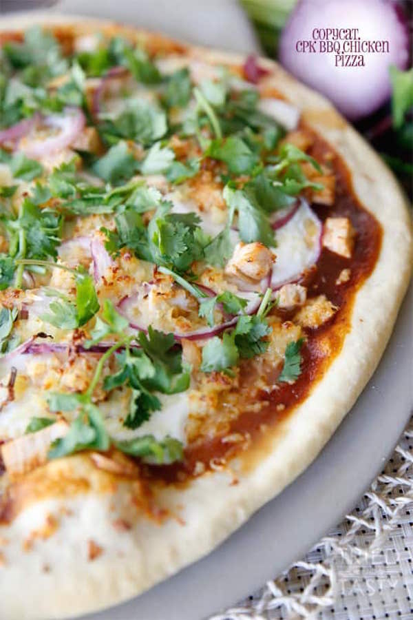 Medium shot of half a copycat California Pizza Kitchen BBQ Chicken Pizza