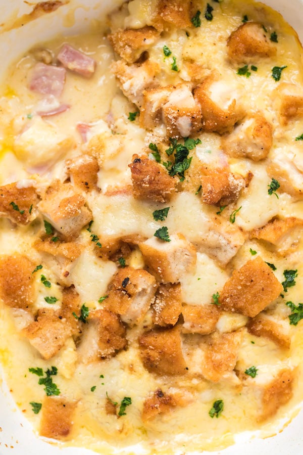 Overhead shot of a chicken cordon bleu casserole 