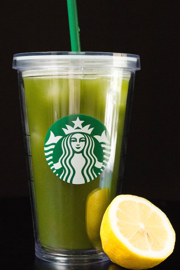 Starbucks Matcha Lemonade in a grande tumbler cup on a black background