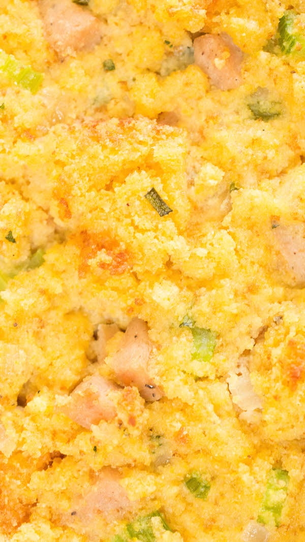 Extreme close up of cornbread & sausage stuffing