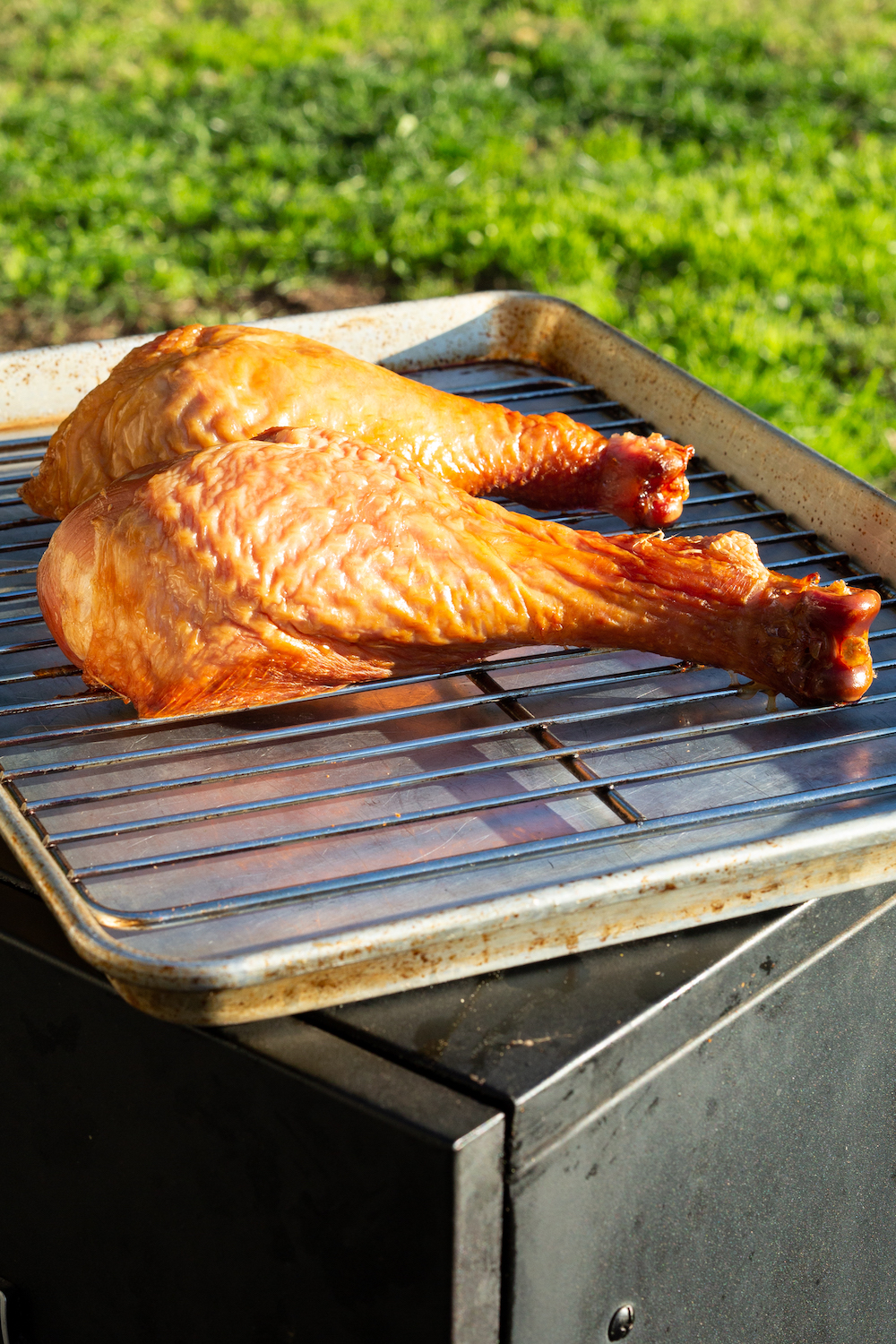 Two smoked turkey legs sit on a cooling rack on top of an electric smoker