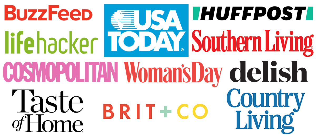 Montage of logos showing where Cooking with Janica has been featured. Buzzfeed, Lifehacker, Cosmopolitan, Taste of Home, USA Today, Woman's Day, Brit + Co, Huffpost, Southern Living, Delish, Country Living.