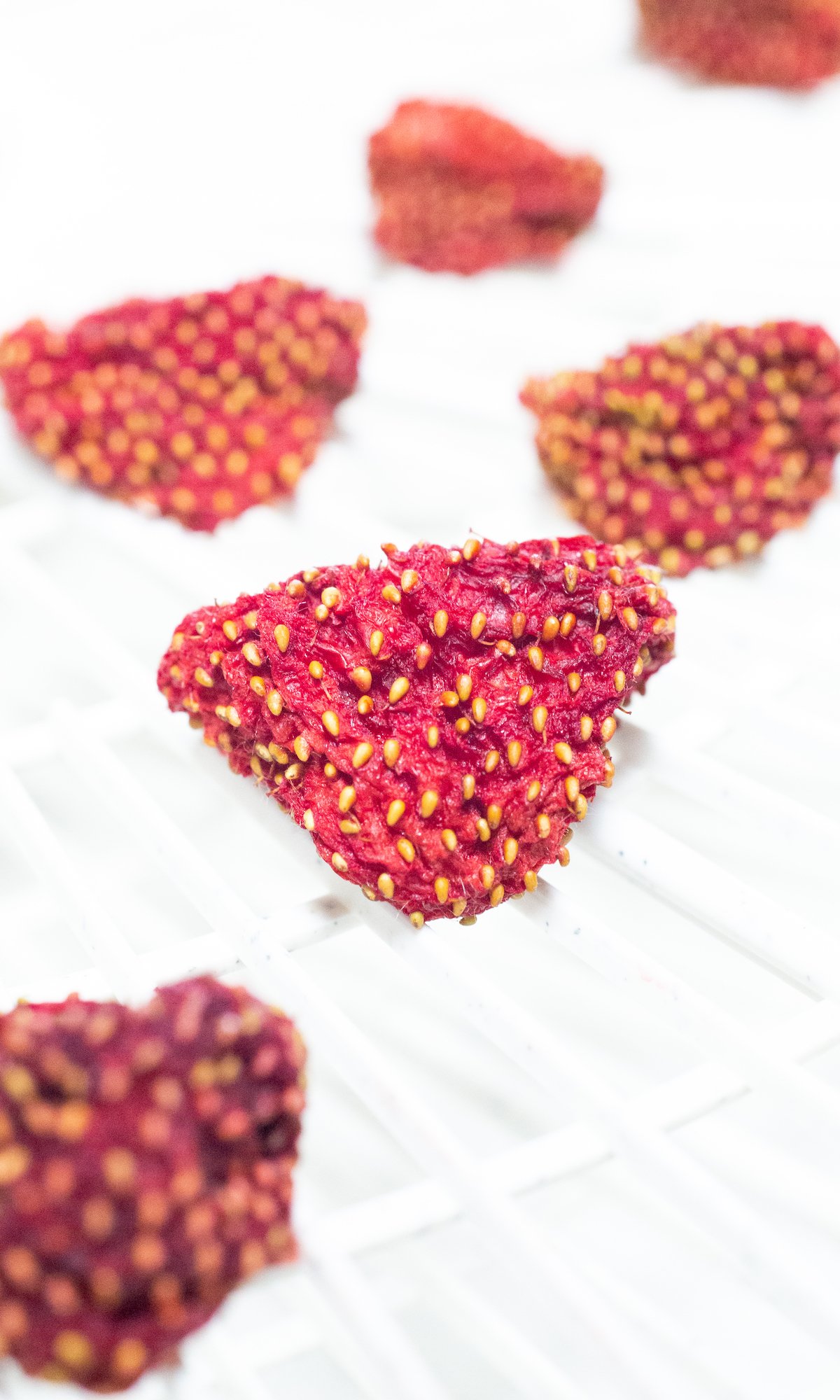 Two rows of whole strawberries that have been dehydrated sit on a dehydrator tray