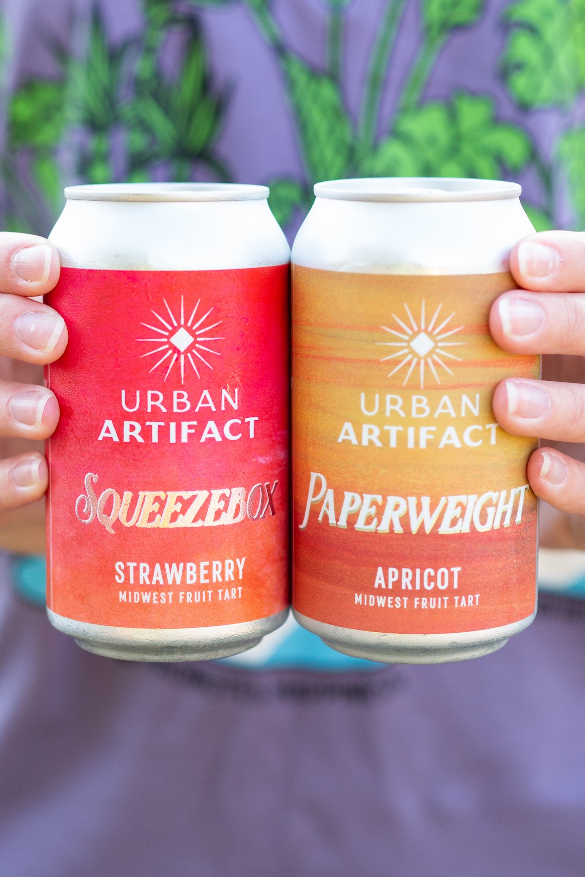 Two hands hold up two cans of Urban Artifact Midwest Fruit Tart sour beers.