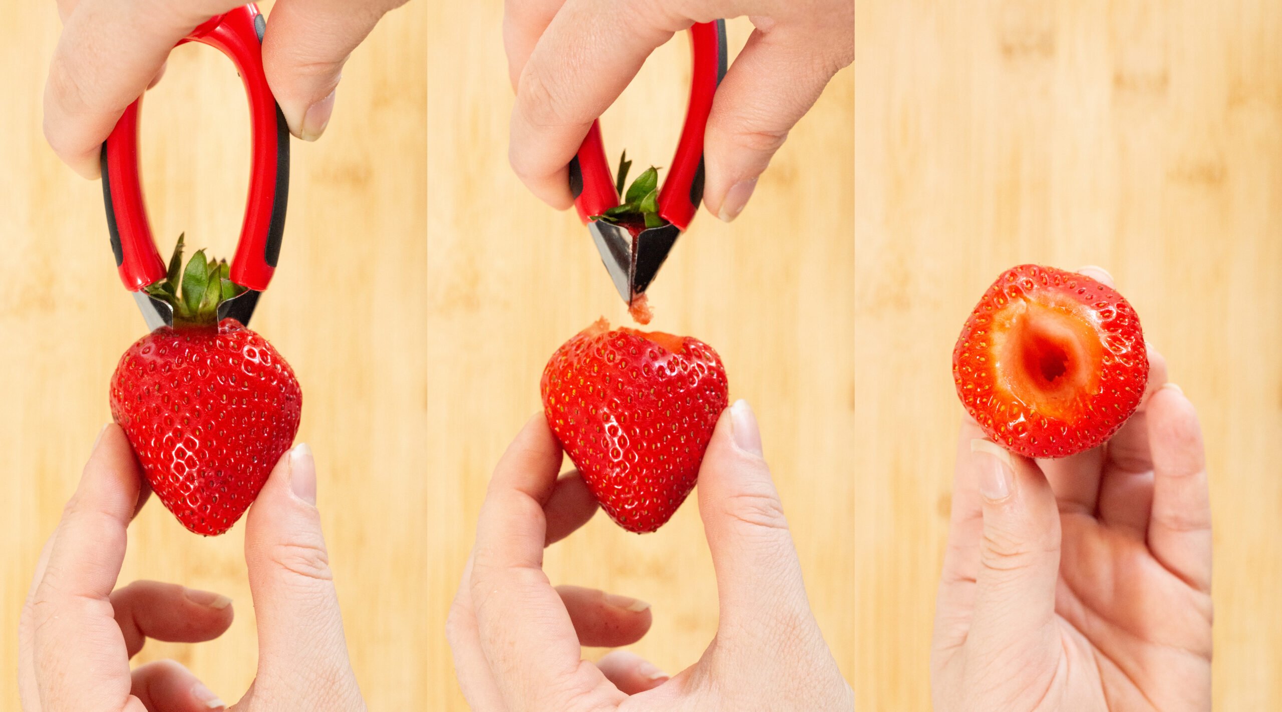 A three photo collage showing a starwberry hulling tool pierce the top of a strawberry and pull out the stem.