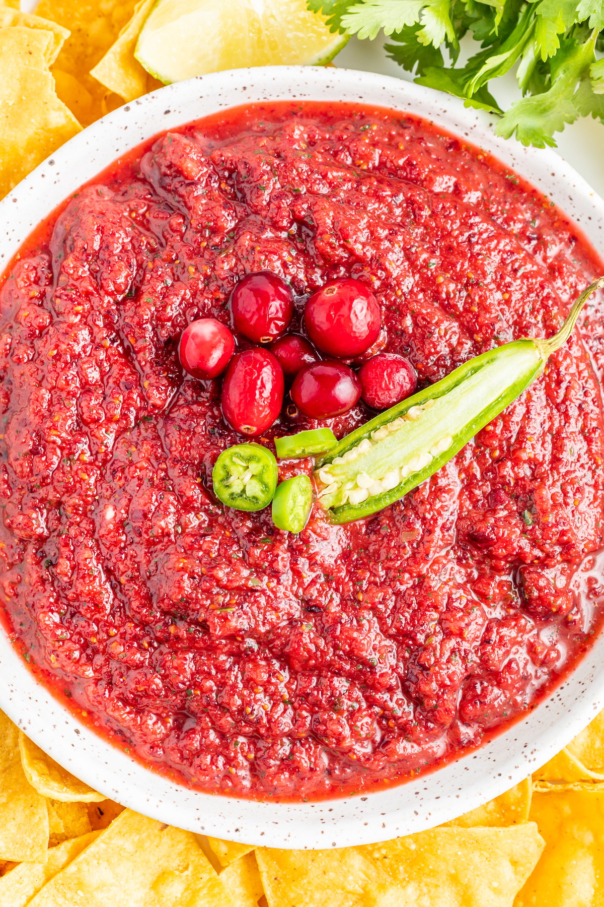 Overhead view of a white bowl filled with a pureed cranberry salsa that's garnished with whole cranberries and a sliced jalapeno pepper on top.