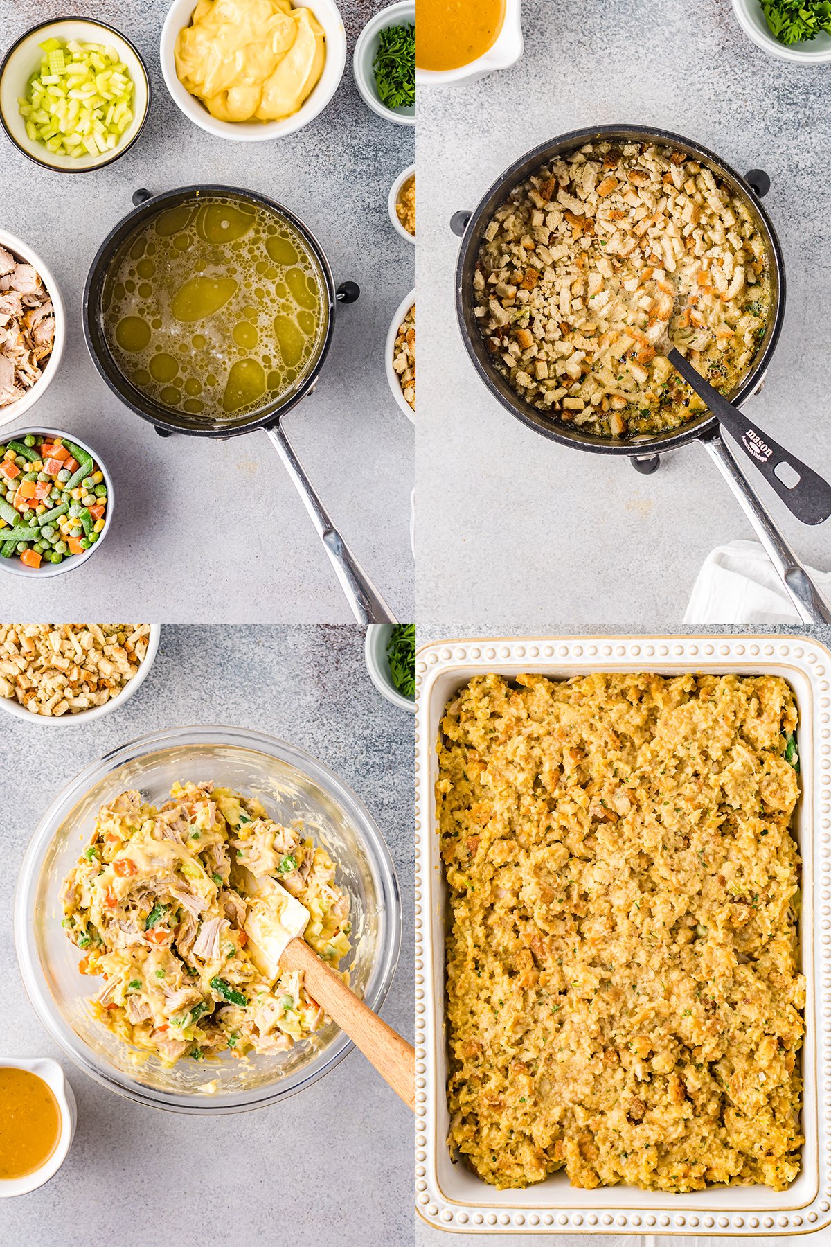 A collage with 4 images showing the steps to make turkey stuffing casserole. First photo - a pot with the butter and broth has been boiled, Second photo the stuffing mix being added to the pot, Third photo - the turkey, vegetables, and soup being stirred together in a mixing bowl, Fourth photo - The turkey vegetable mixture and stuffing mix has been layered in a baking dish.