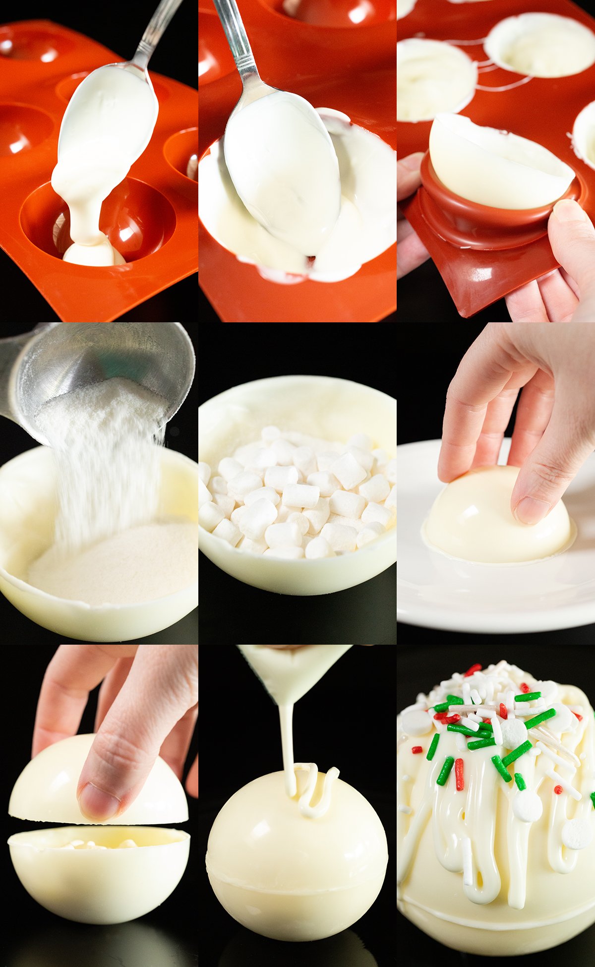 A nine photo collage showing the steps for making white hot chocolate bombs. 1 - pour chocolate in sphere mold, 2 - spread chocolate around mold with the back of a spoon, 3 - carefully remove set chocolate from mold, 4 - fill one half sphere with white hot chocolate powder, 5 - add dehydrated marshmallows, 6 - melt the rim of an empty chocolate sphere on a hot plate, 7 - place melted edge sphere on top of the one you filled with powder and marshmallows, 8 - drizzle white chocolate on top, 9 - add sprinkles too the drizzled chocolate.