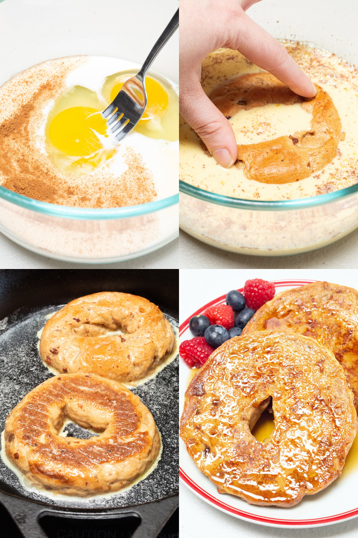 A four image collage showing how to make french toast bagels 1 - combine ingredients in bowl, 2 - dip bagels in bowl, 3 - sear in a pan with butter, 4 - plate with berries and syrup.