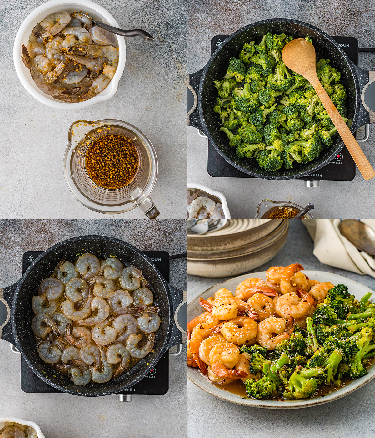 A four photo collage showing the steps to make shrimp and broccoli. 1 - Making sauce and marinading shrimp, 2 - cooking broccoli in pan, 3 - Shrimp cooking in the same pan, 4 - shrimp and broccoli plated