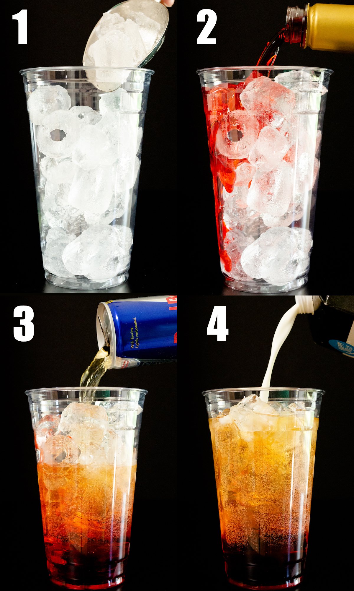 A four photo collage showing how to make a Red Bull Italian Soda 1 - add ice to a large glass, 2 - add flavored syrup, 3 - pour in red bull, 4 - add cream.