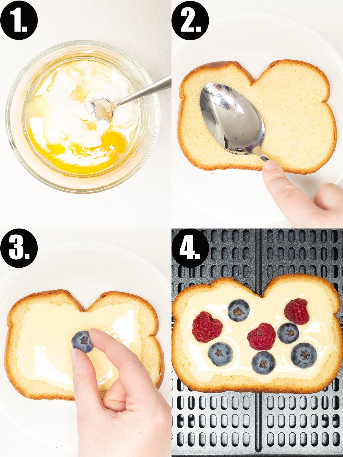 Four photos showing the steps to make air fryer custard toast.