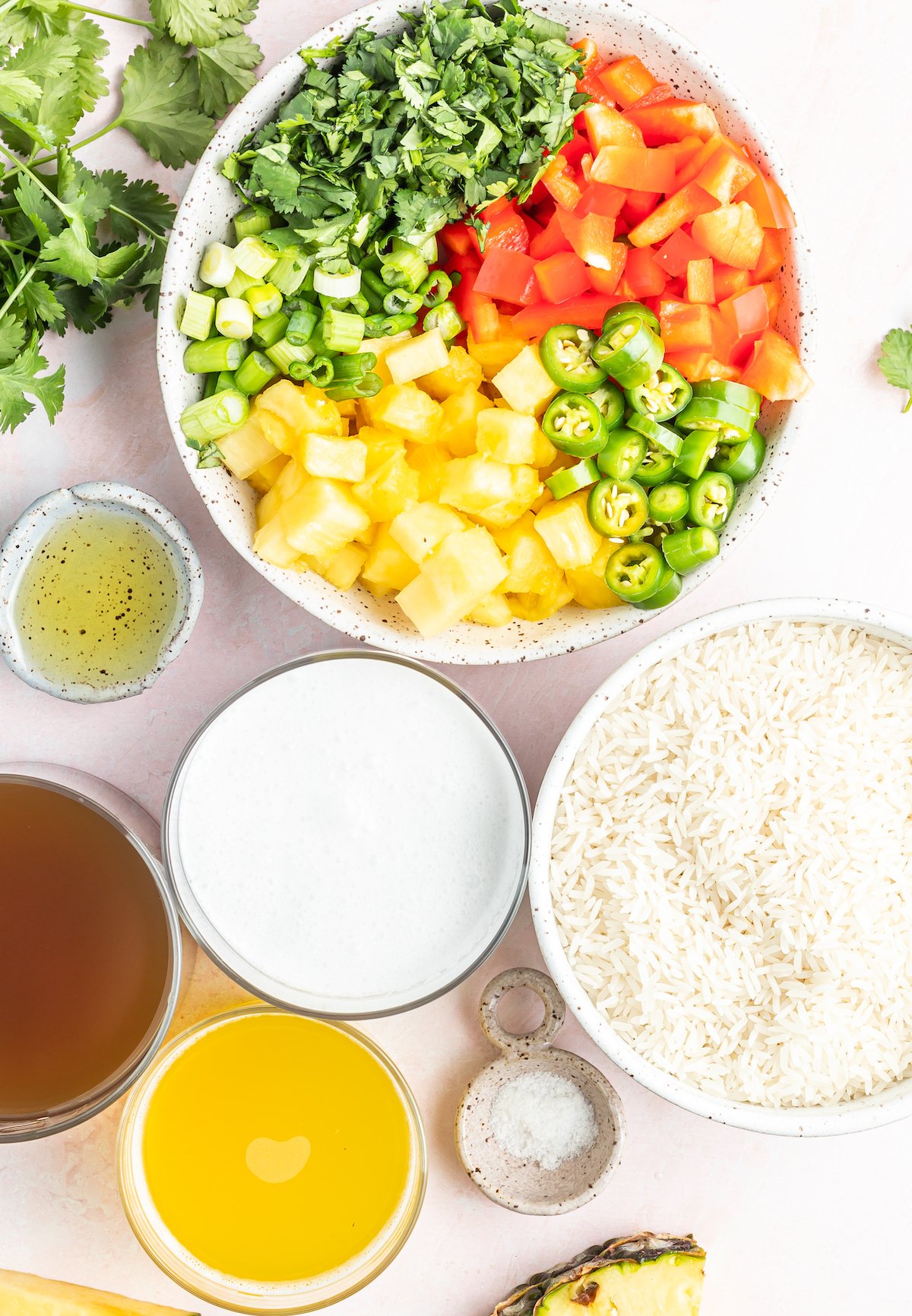 Prep bowls filled with the ingredients to make Instant Pot Coconut Rice.