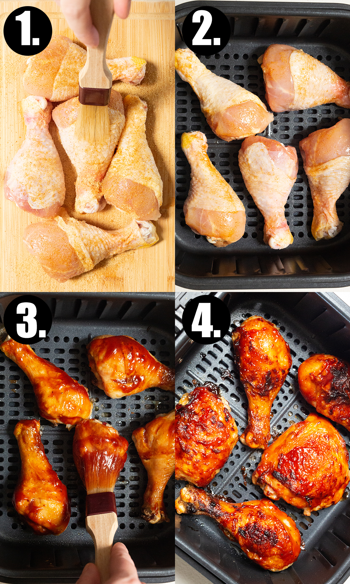 A collage showing the four steps to making bbq chicken in an air fryer.