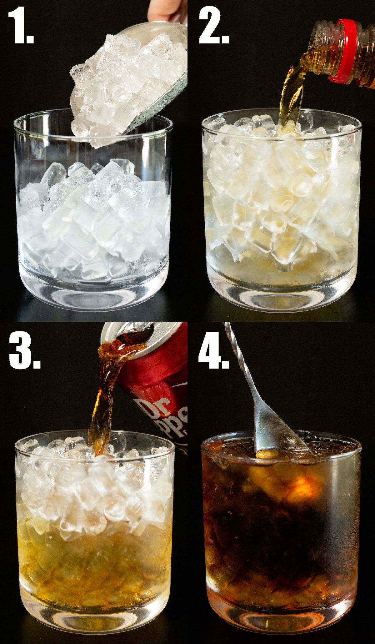 A photo collage showing the four steps to make Fireball Dr. Pepper.