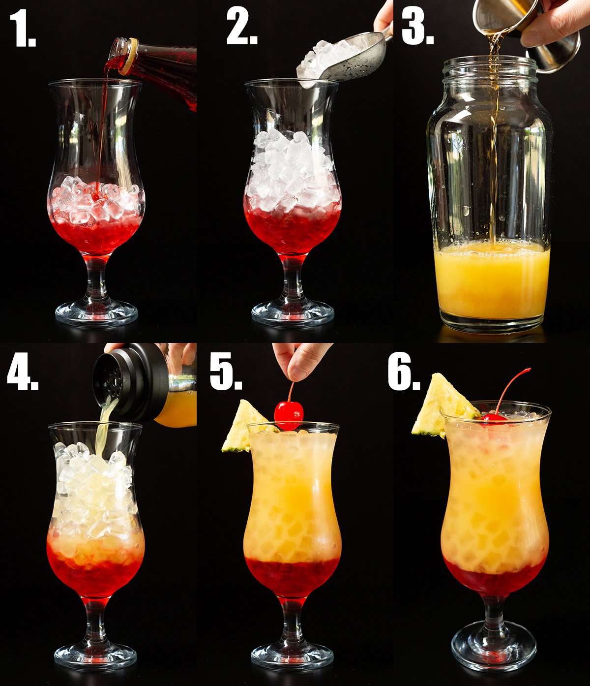 A photo collage showing the six steps to make a Bahama Momma.