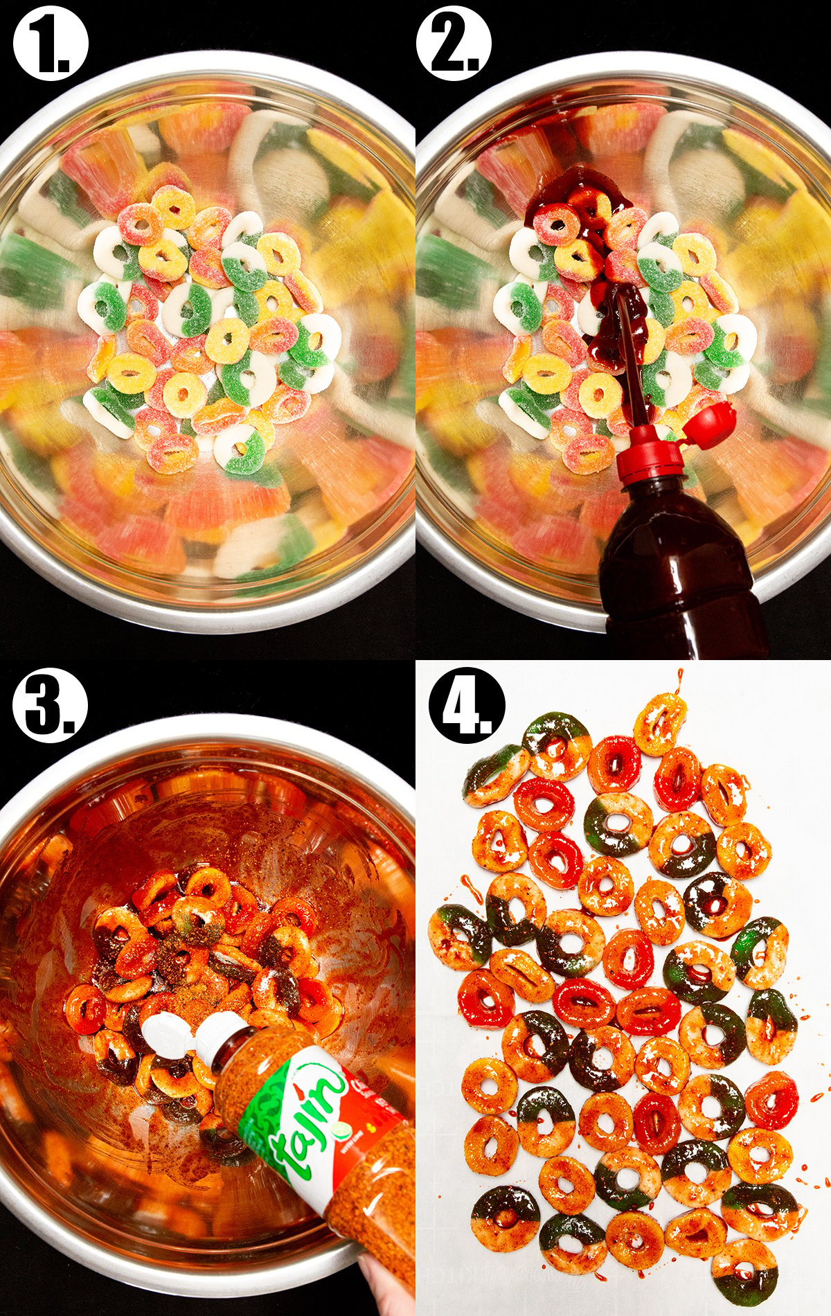 A collage showing the four steps to make spicy Mexican candy.