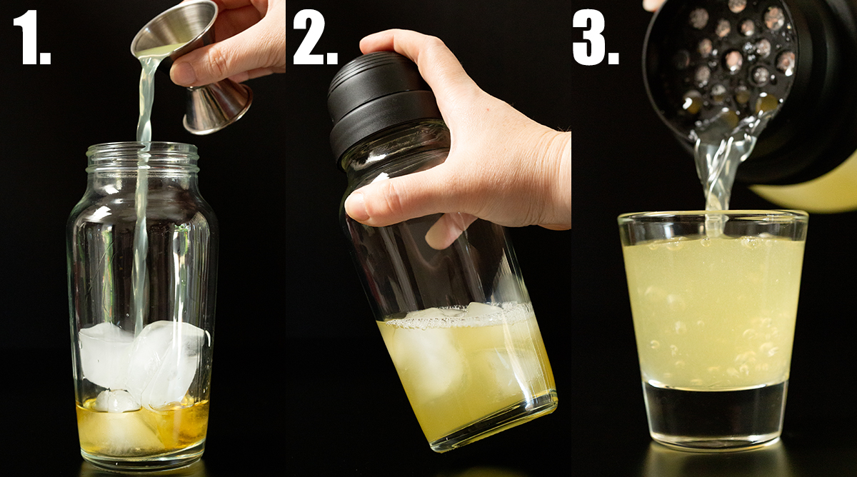 A photo collage showing the three steps to make green tea shots.