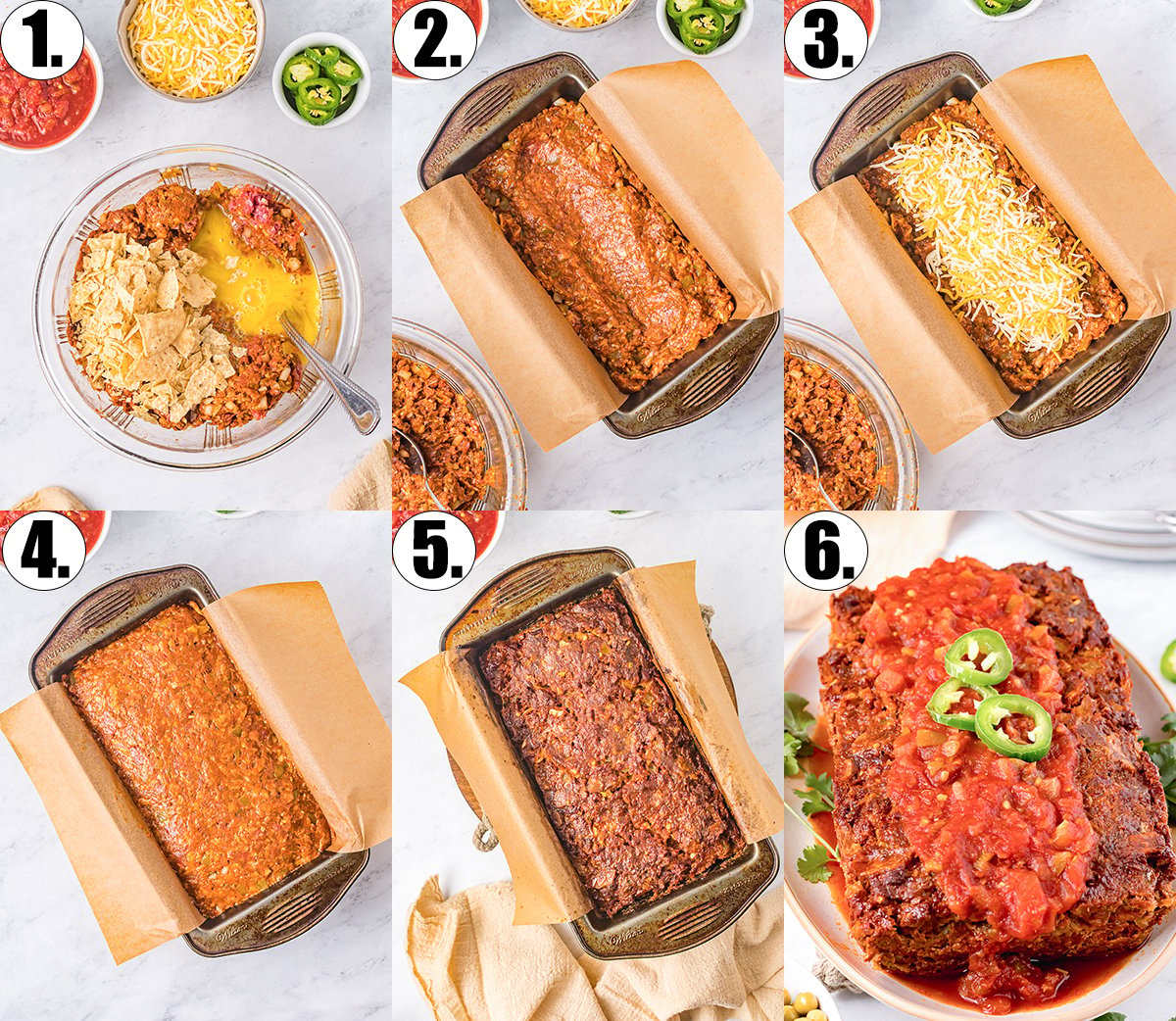 A collage showing the six steps to making Mexican meatloaf.