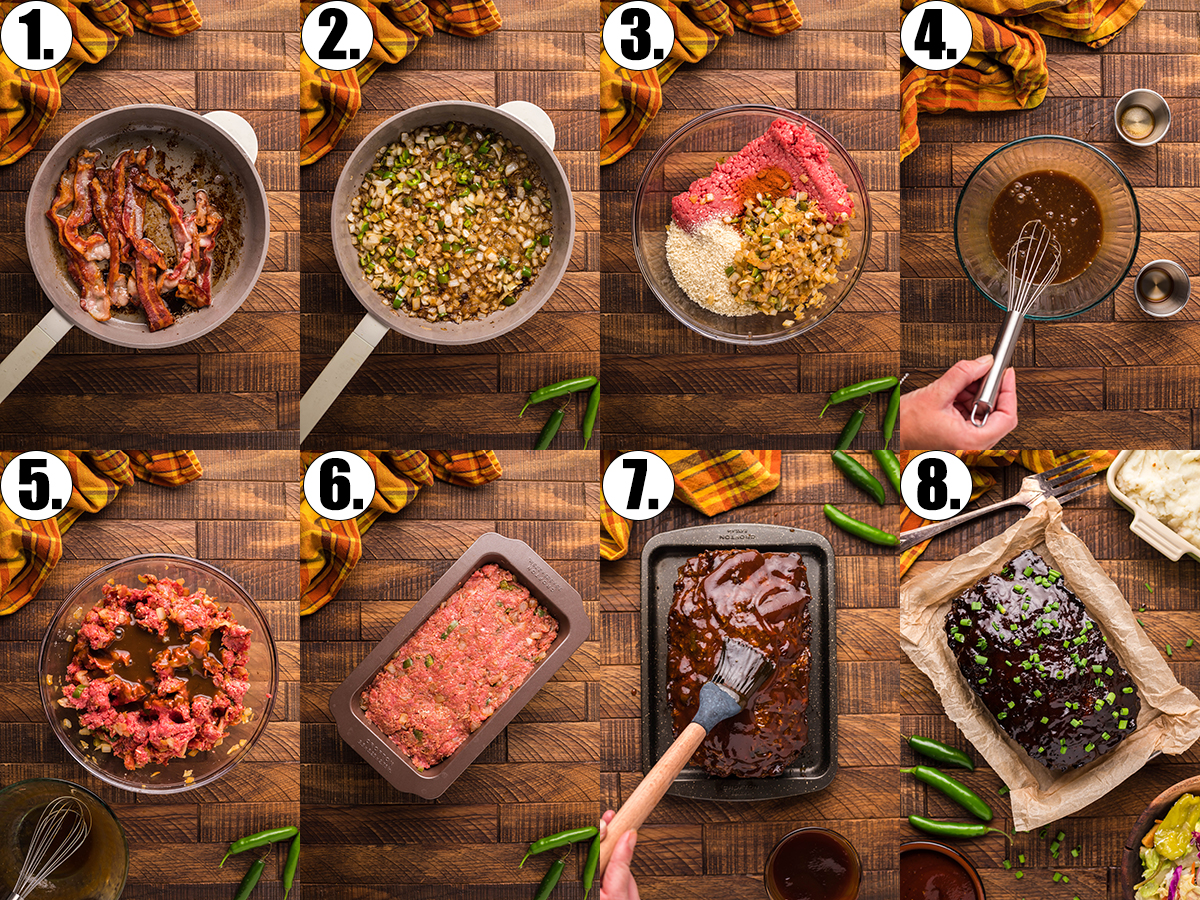 An eight photo collage showing the steps to make BBQ meatloaf.