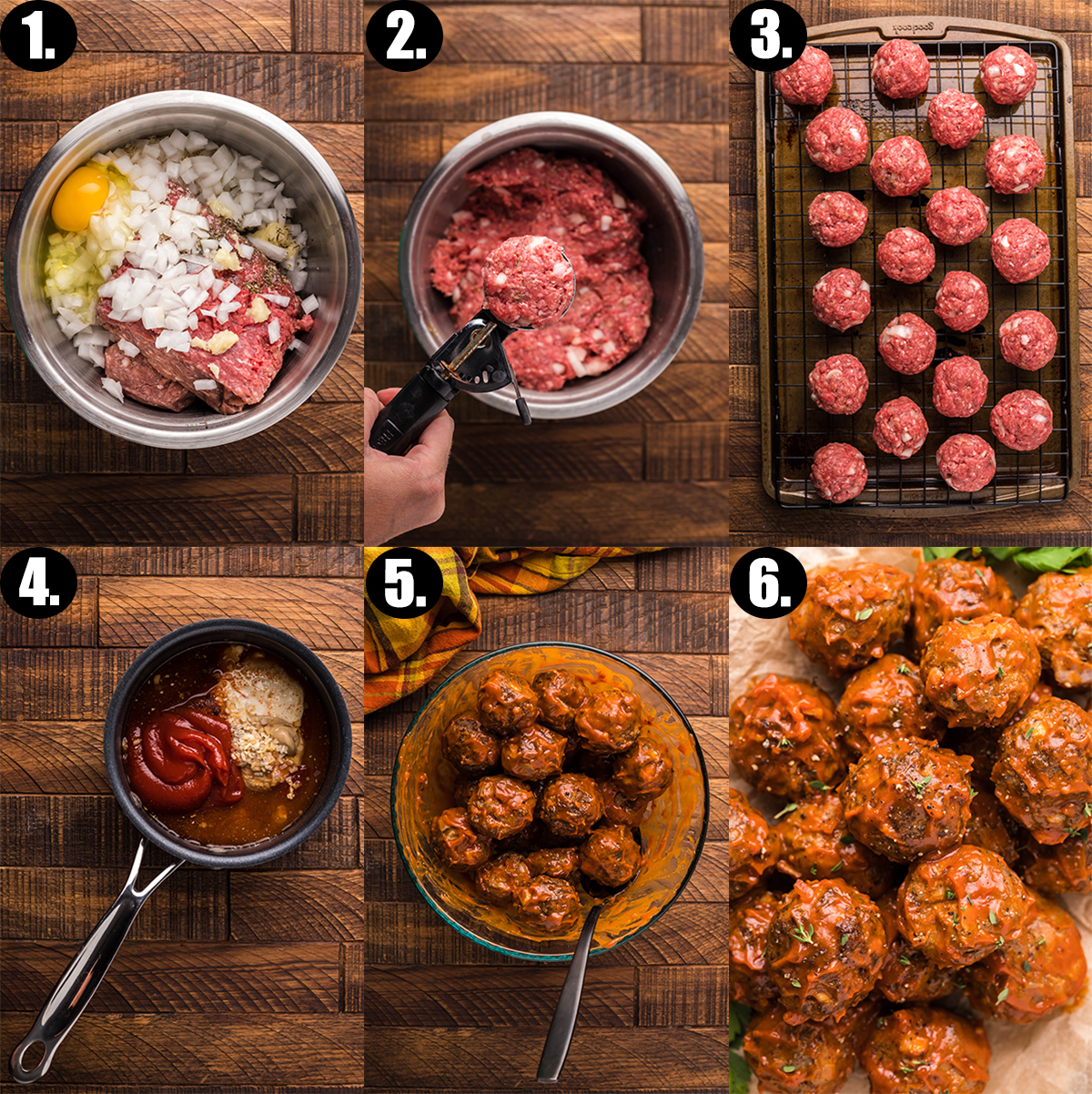 Photo collage showing the six steps to making bison meatballs.