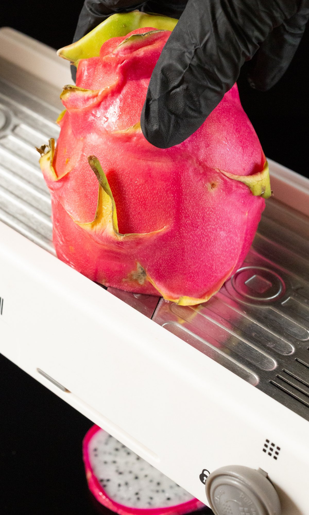 A pink peel dragonfruit being sliced on a mandoline.