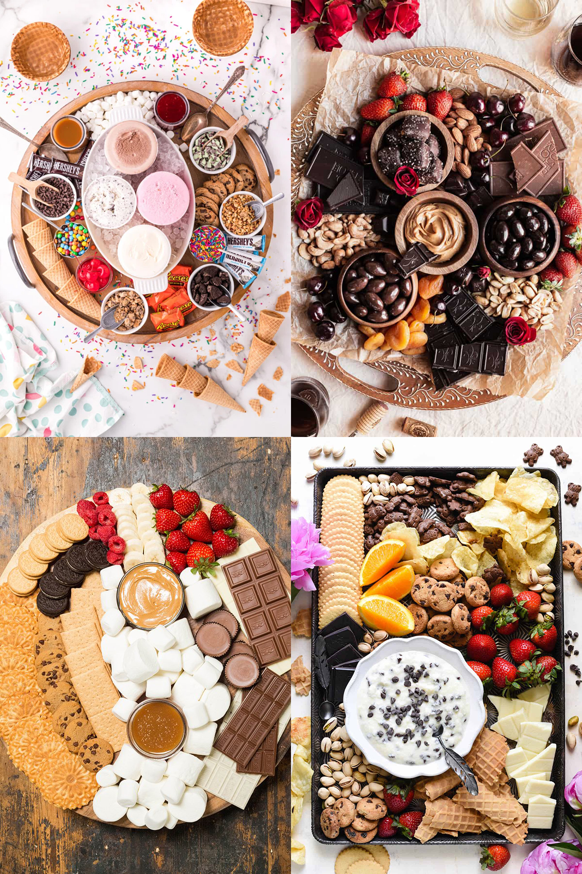 A collage showing four unique dessert boards.