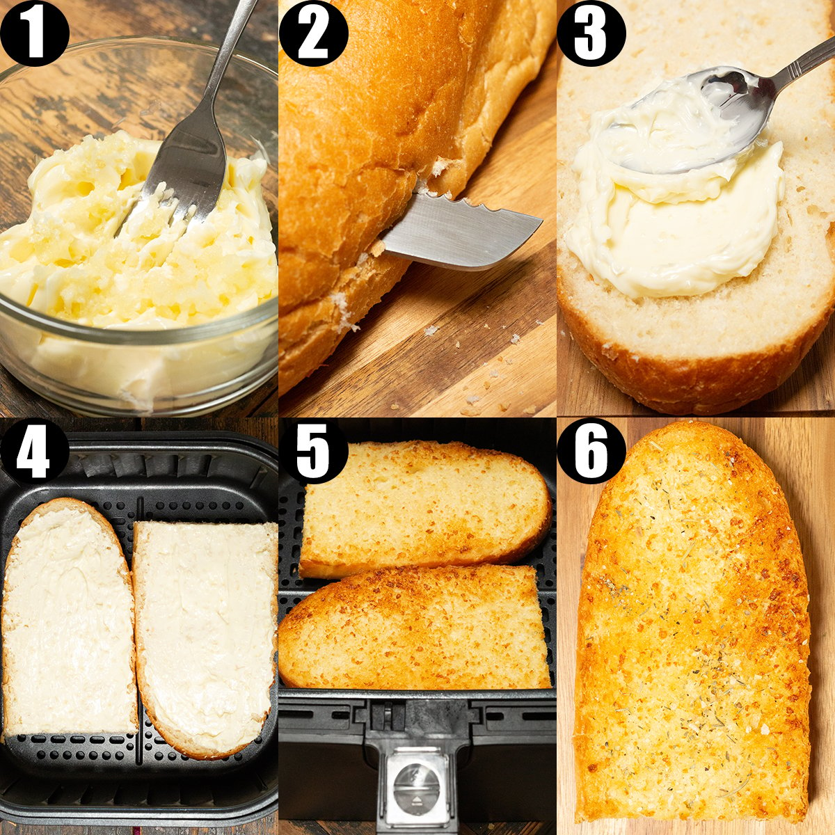 A six photo collage showing the steps to make garlic bread in the air fryer.