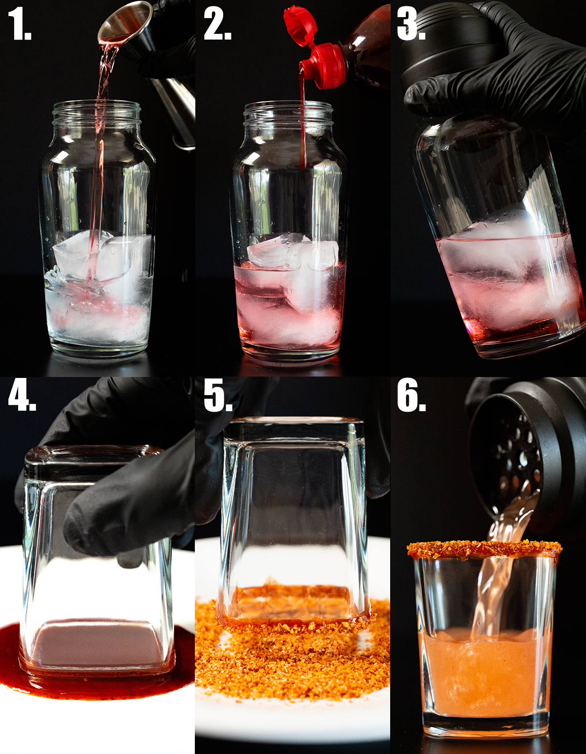 A photo collage showing the six steps to making a Mexican candy shot.