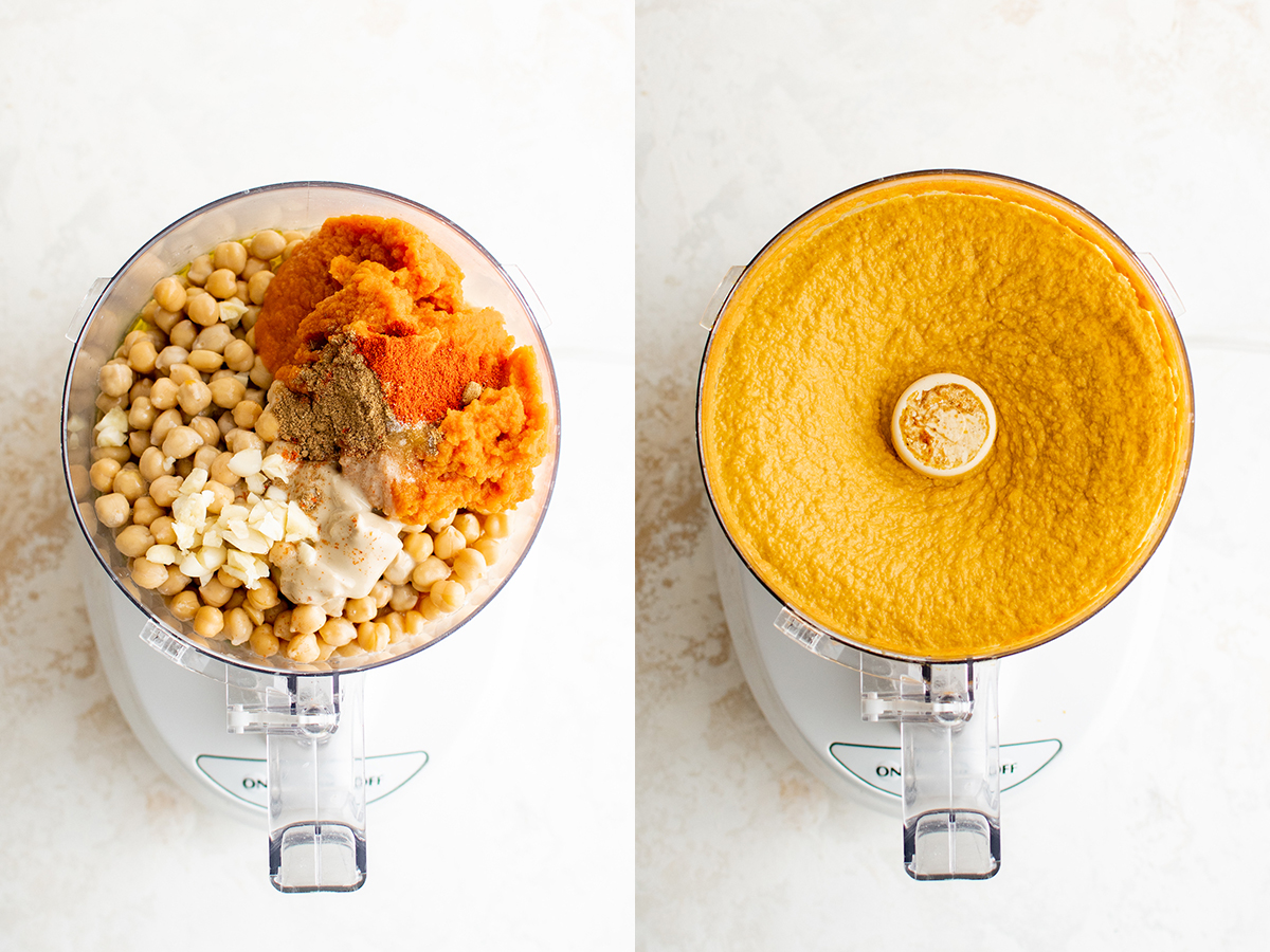 A two photo collage showing the ingredients for pumpkin hummus in a food processor before and after blending.