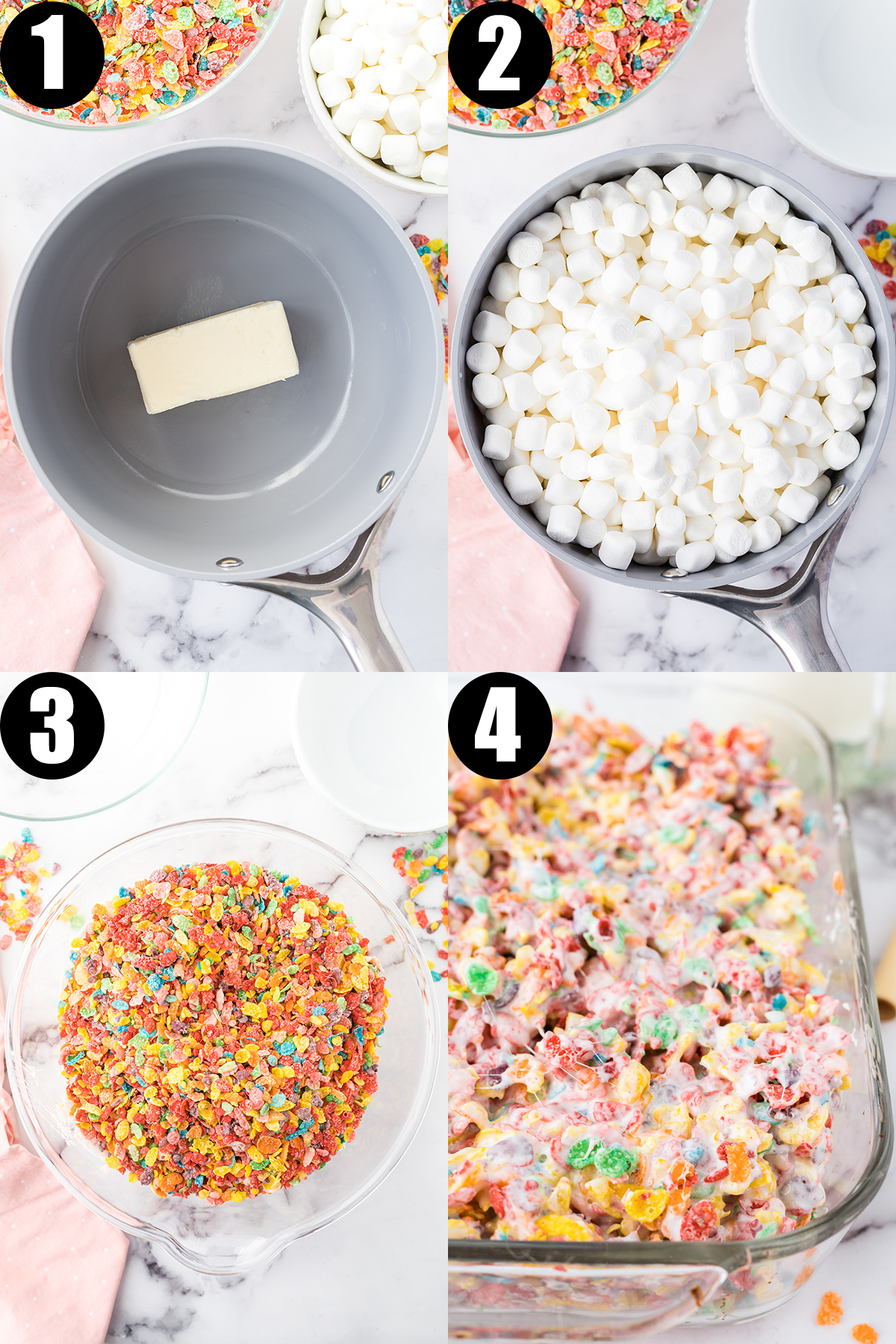 A four photo collage showing the steps to make Fruity Pebbles treats.