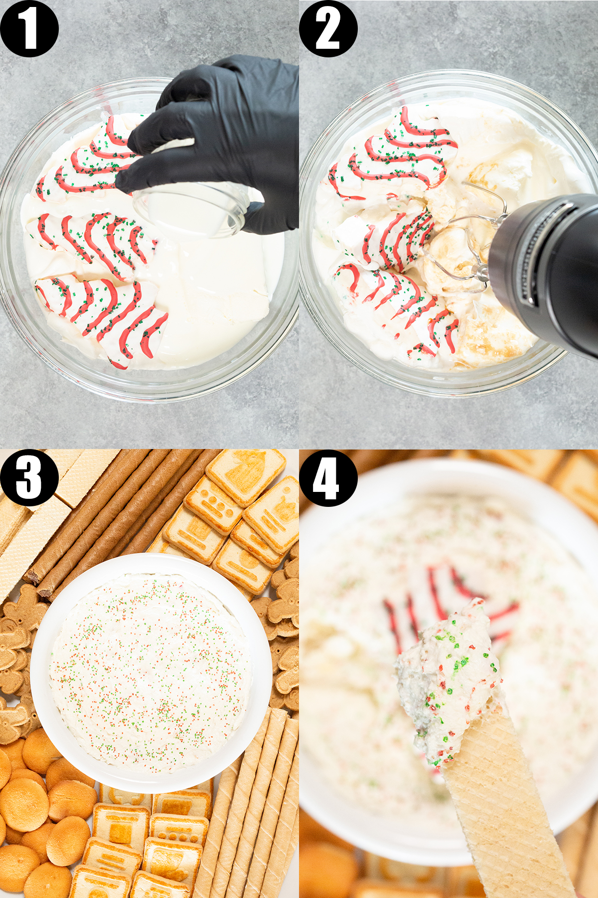 A four photo collage showing the steps to make Christmas tree cake dip.