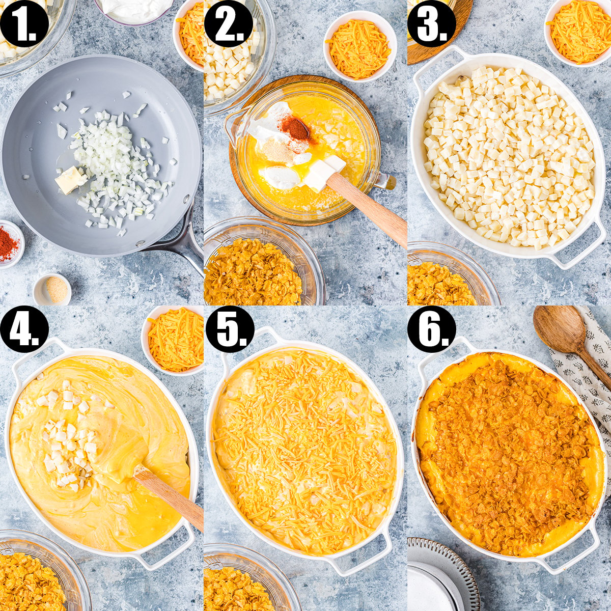 A collage of six photos showing the steps to make funeral potatoes.