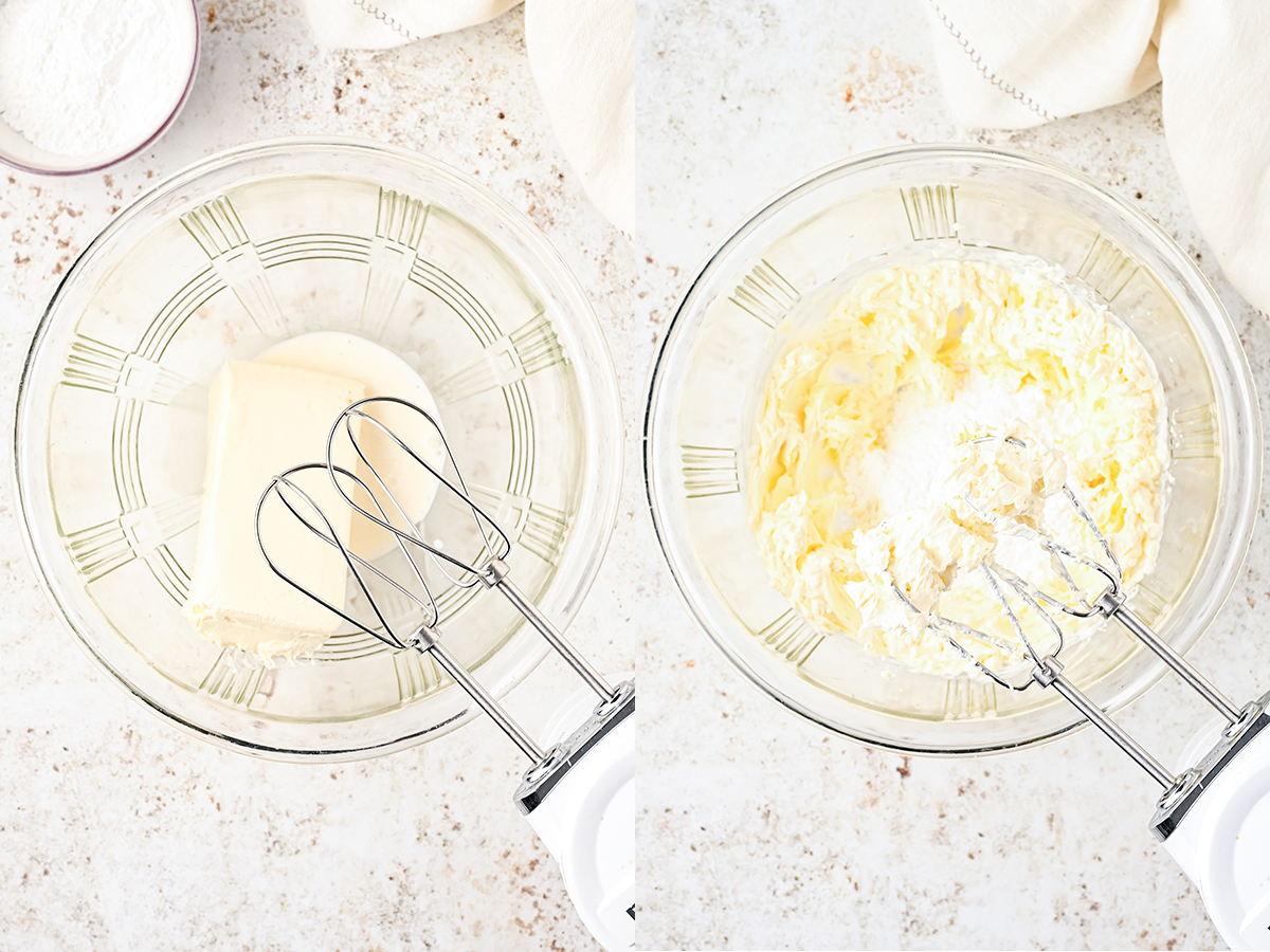 Photo collage showing the Possum pie cream cheese layer ingredients being added to a mixing bowl, then beat by a handheld mixer.