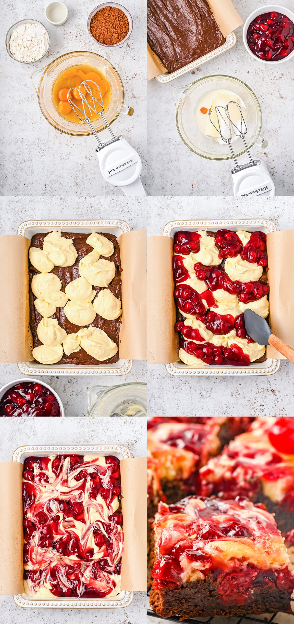 Six photo collage showing the steps to make cherry cheesecake brownies.