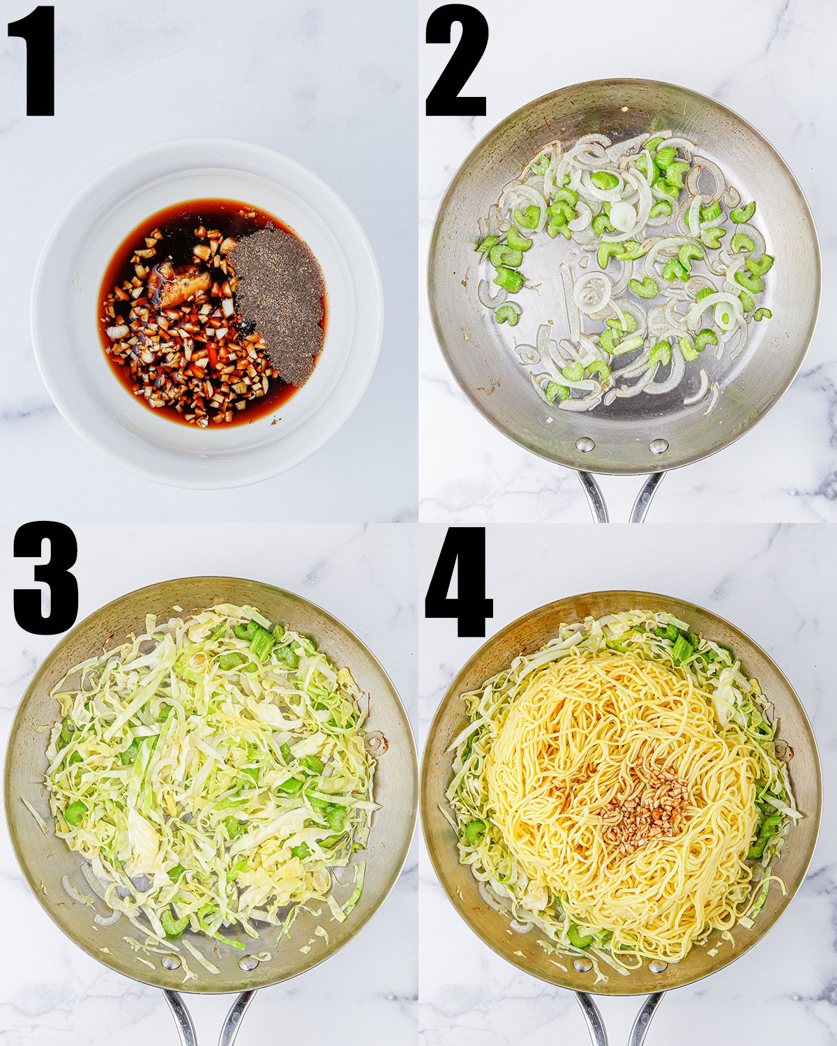 A four photo collage showing the steps to make copycat Panda Express chow mein.