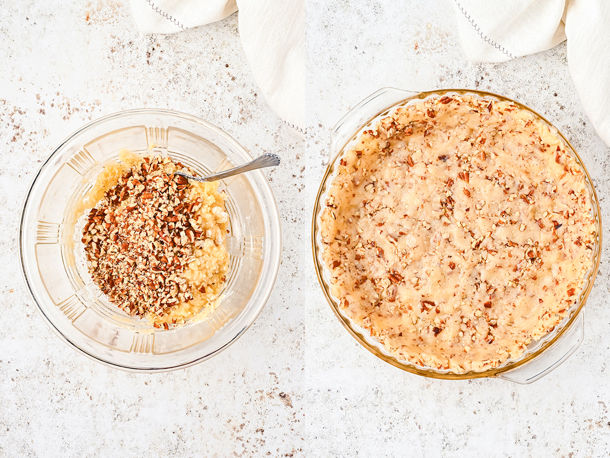 A two photo collage showing the steps to make pecan shortbread crust. First photo shows ingredients mixed in bowl. Second shows the mixture pressed into a pie plate.